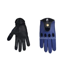 Blue Leather Driving Gloves for Men Perforated Breathable Car Gloves