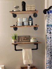 Industrial Pipe Bathroom Shelves W/ Towel Bar Rustic Wall Mounted Wood Floating