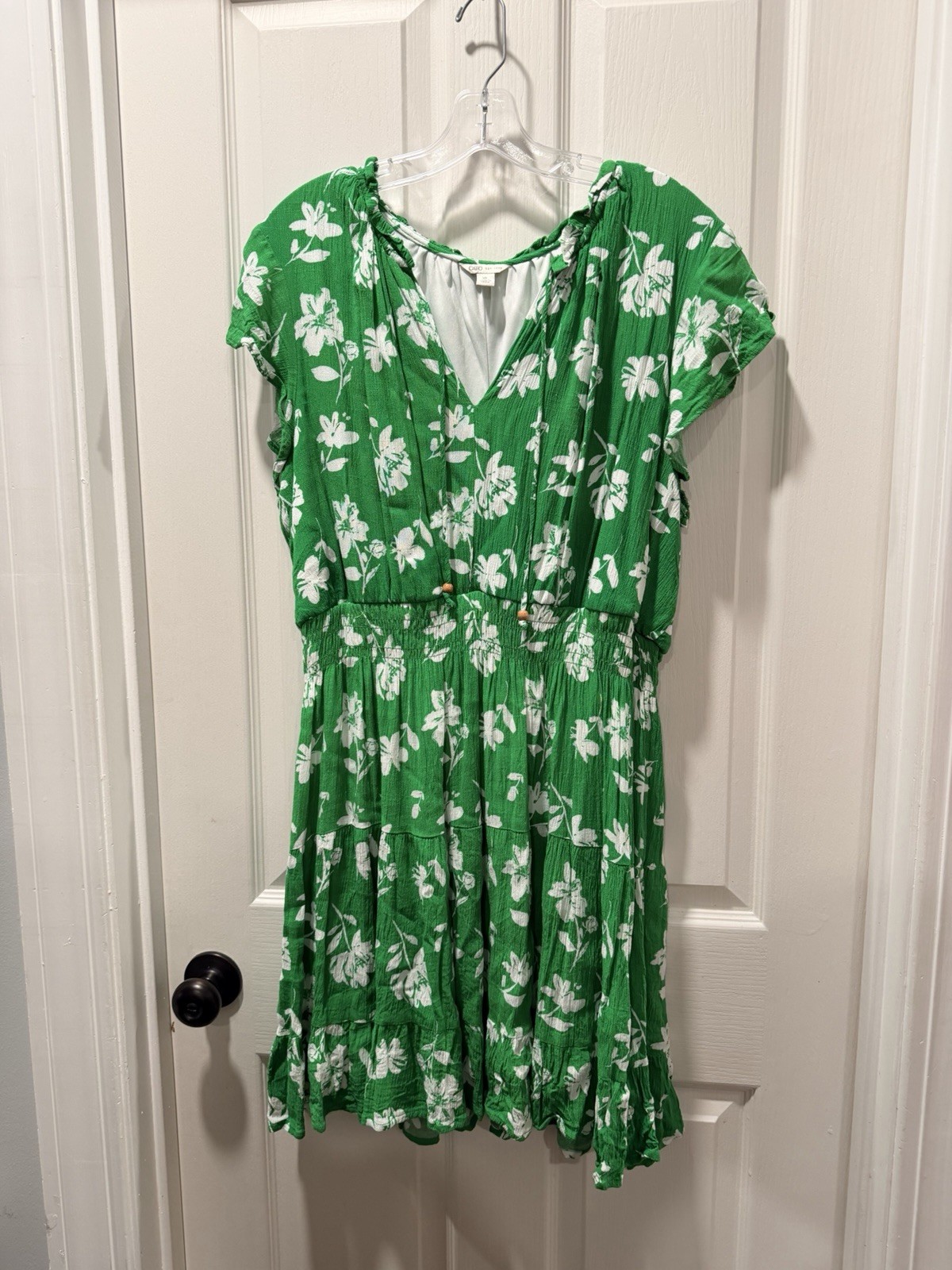 Cato Women's XL Green White Floral Fit & Flare V-Neck Ruffle Short Dress