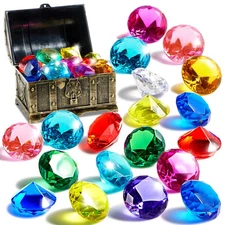 Diving Gems Pool Toys, 16 Big Colorful Diamond with Pirate Treasure Chest, Swim
