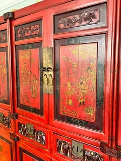 Chinese Lacquered Wood Cabinet 58cm deep x 120cm wide x 181 cm tall
