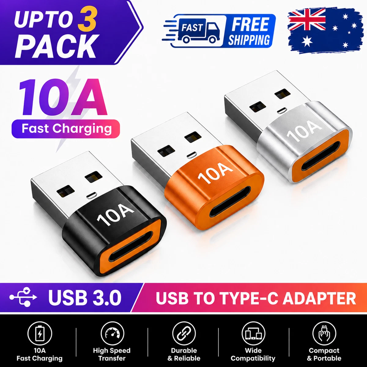 USB Type A Male to USB C Type C Female Charging Port Adapter Fast Converter 10A