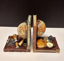 Vtg Set of 2 Bookends Figurines  Globe Books Watch Pen/ Resin Hand Painted Heavy