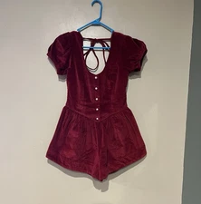 Free People Silver Bells Velvet Romper Smocked Puff Sleeve Cherry S Holiday