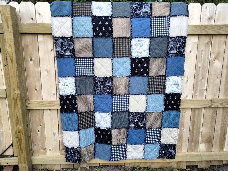 Handmade Nautical Anchors Rag Quilt!  Lap Quilt! Ships~Star~Navy/Tan/Cream/Blue!