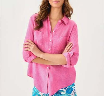 Lilly Pulitzer Sea View linen button down top shirt Parigi Pink X Pink Bliss L
