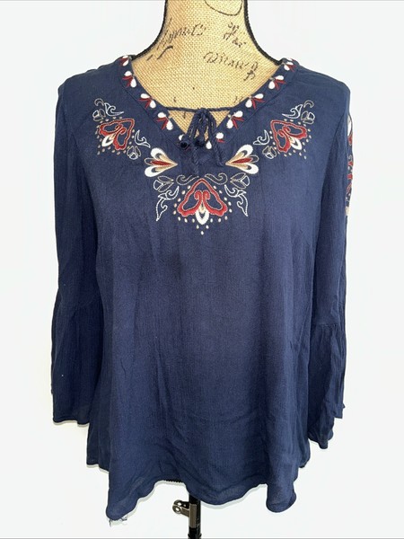 SUZANNE GRAE Womens Sz AU8 Tunic Top Peasant Blouse Embroidered 3/4 Sleeve Shirt