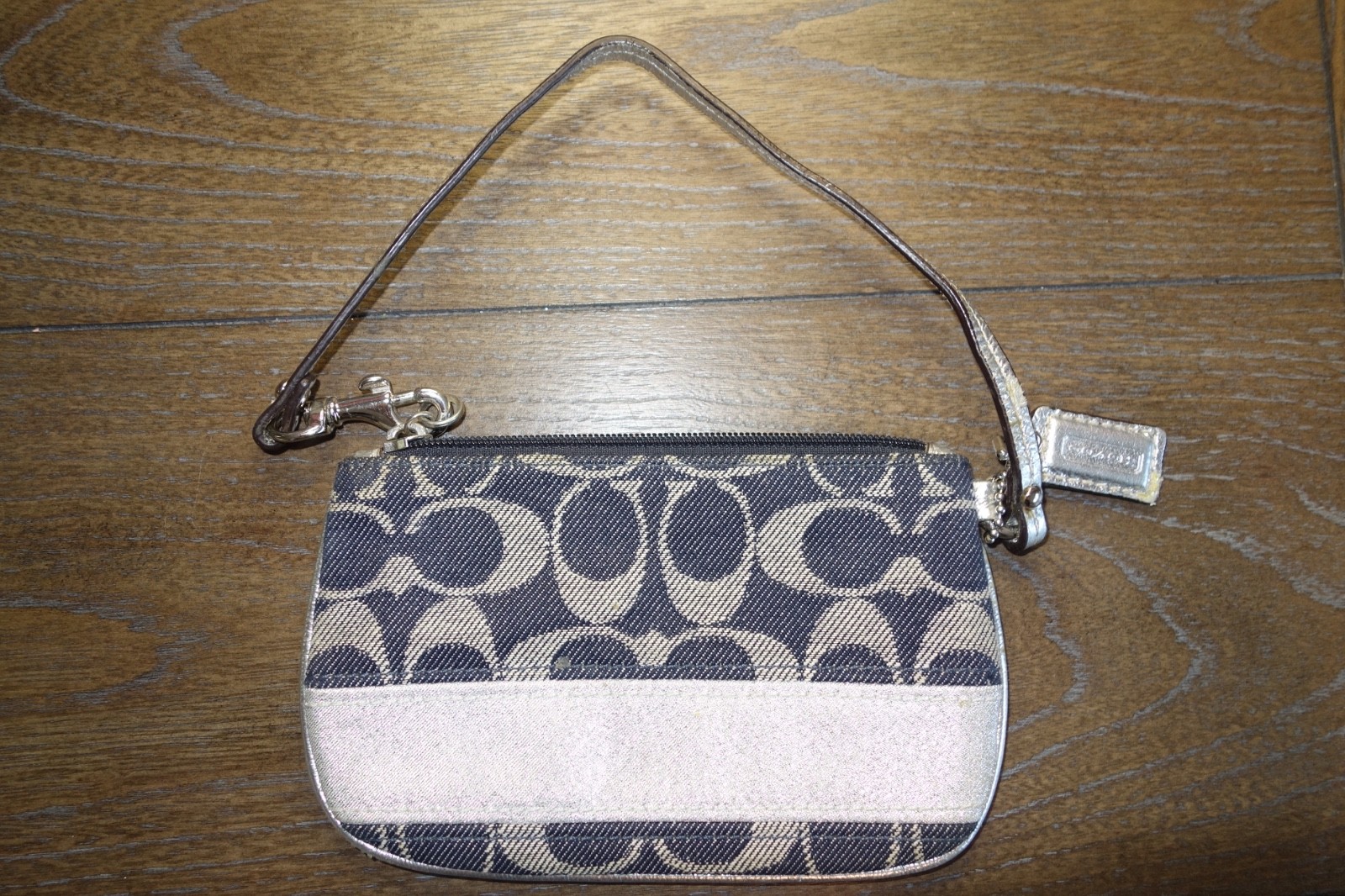 Coach Signature Denim Silver Stripe Wallet Wristlet Zip Around thumbnail 2