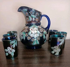 Northwood Antique Water Set Cobalt Carnival Enameled Cherries Pitcher 6 Tumblers
