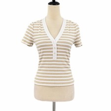 Veronica Beard S Dekalb Striped Gold White V-neck Preppy Ribbed Casual Basic Top