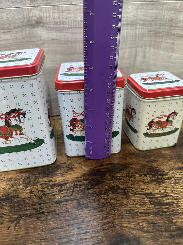 VTG 3 Christmas Decorative Cookie Candy Tins, Rocking Horse, Stackable, Nesting - Image 3 of 4