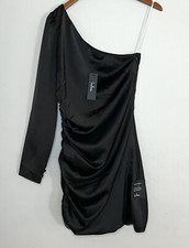 Lulu’s NEW Happy Hour Chic Black Satin Ruched One Shoulder Mini Dress Black Sz M