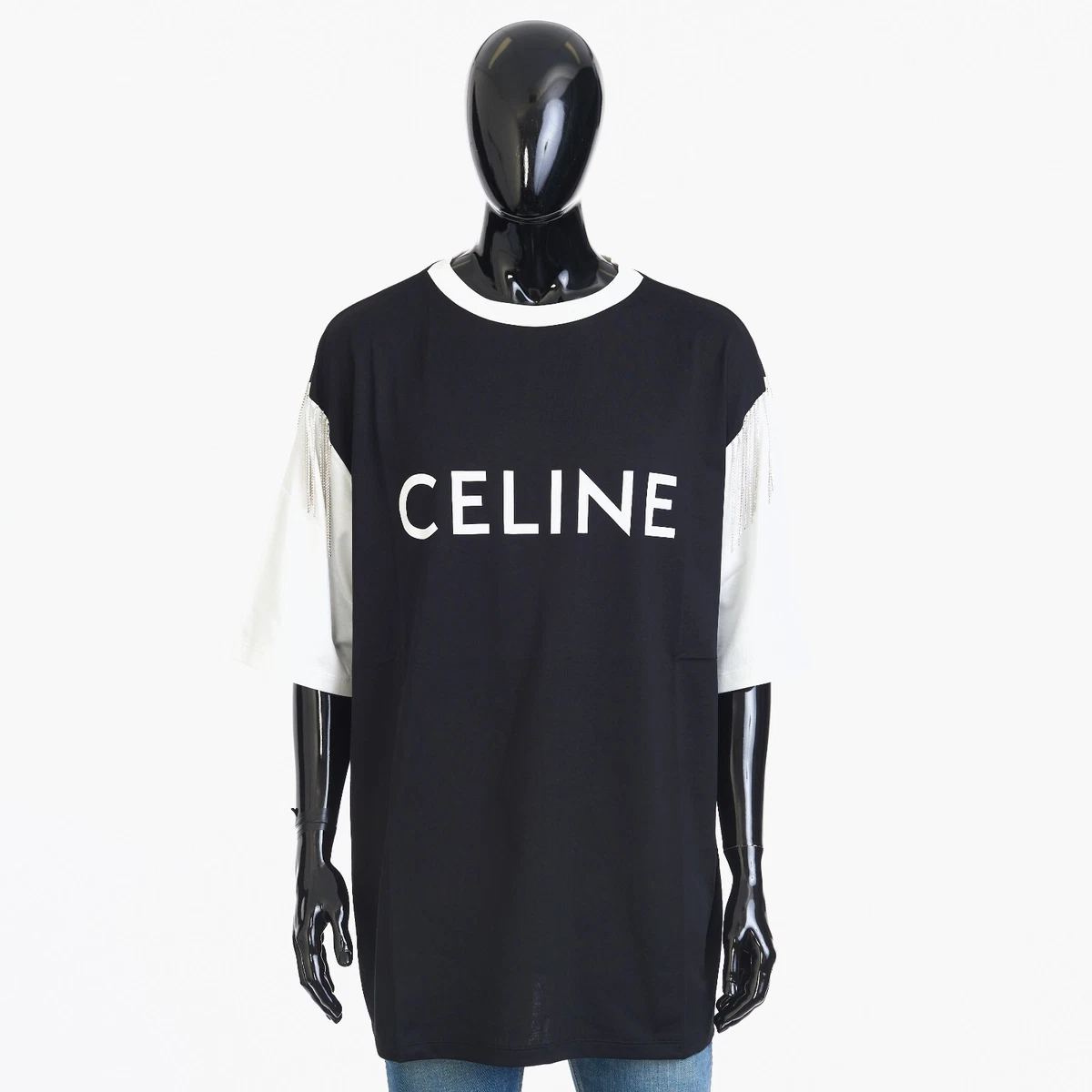 CELINE 1250$ White Cotton T-shirt - Logo Print, Sequined Fringes, Oversized