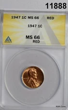 1947 LINCOLN CENT ANACS CERTIFIED MS66 RD FIRE RED#11888