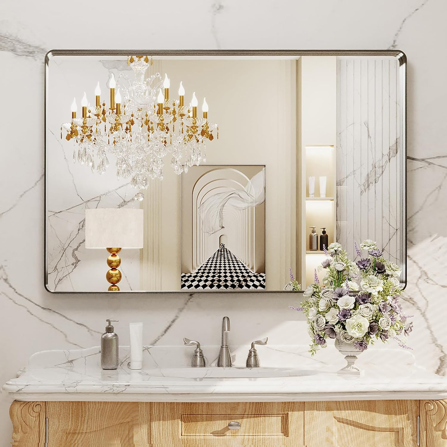 48X30 Inch Brushed Nickel Bathroom Mirror, Rounded Rectangle Silver Metal Frame