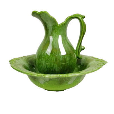 Vintage Royal Haeger Pitcher & Wash Basin Mottled Green Drip Glaze 4058/4060
