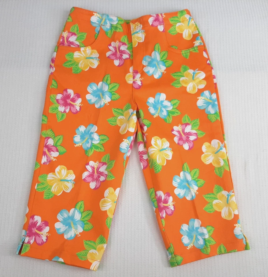 Y2K christie brooks Kids Girls Sz 10 Capri Pants Tropical Hawaiian Floral Orange - Image 2 of 4