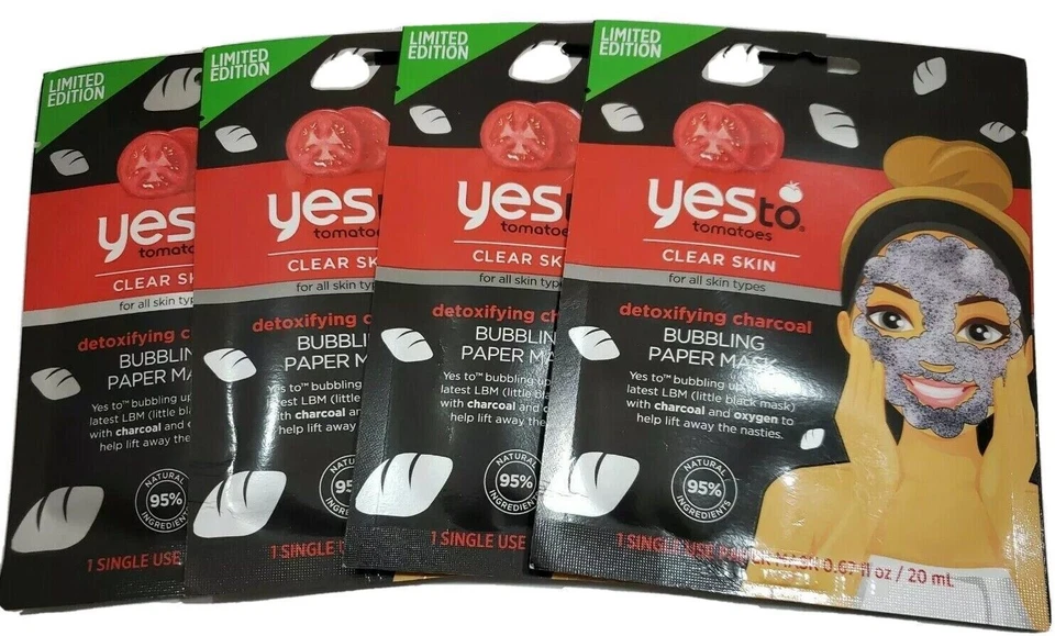 SIM AOS TOMATES CARVÃO DESINTOXICANTE BORBULHANDO 1MÁSCARA DE PAPEL ÚNICA ~ Lote de 4 ~ NOVO! - Imagem 4 de 4
