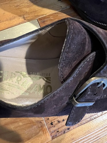 Salvatore Ferragamo Monk Strap Shoes Brown Suede Buckle Stack Heel 8 - Picture 4 of 10