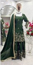 Indian Look Pure Chinnon Silk Top Palazzo With Green Dupatta For Engagement Wear