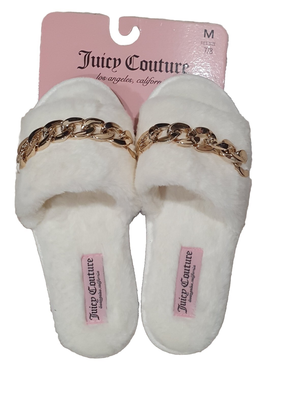 PANTOFOLA D’ORO Pantofole peluche Juicy Couture bianche in finta pelliccia e oro fibbia catena taglia M 7 8 nuove con etichette!