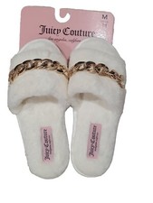 Juicy Couture Plush Slippers White Faux Fur  Gold Chain Buckle Sz M 7/8 NWT 