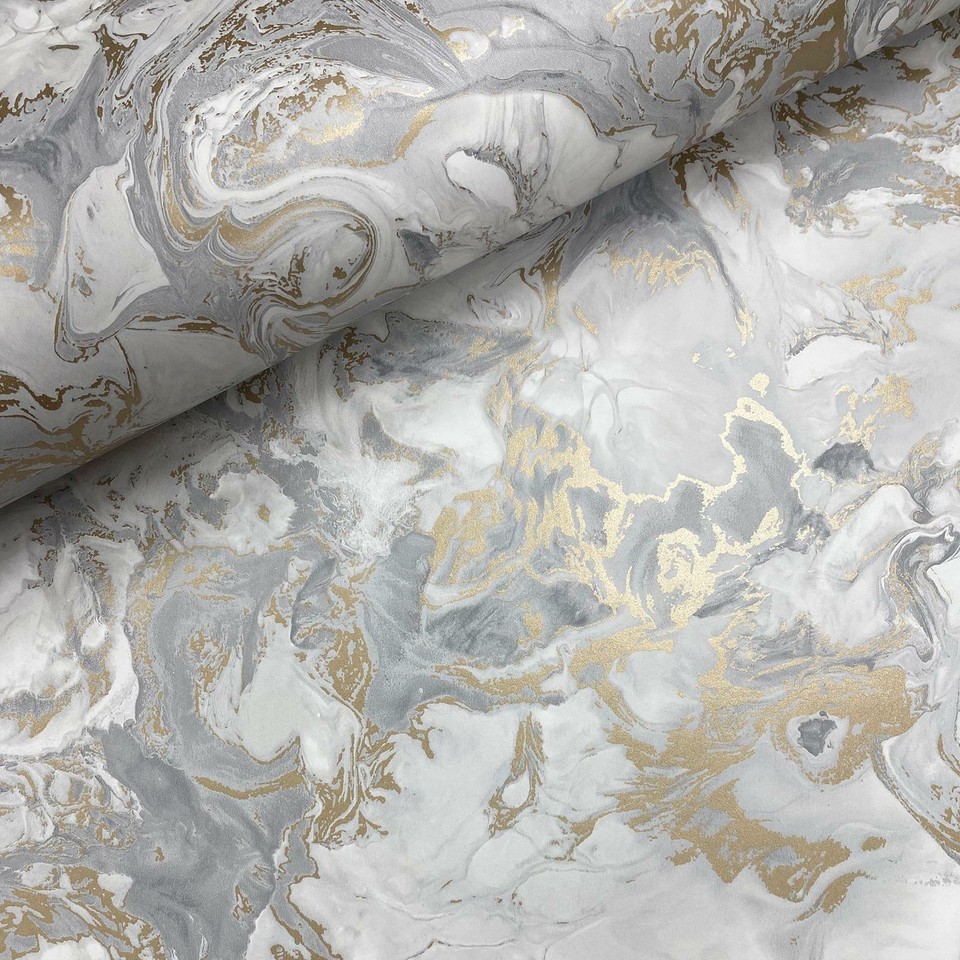 Muriva Elixir Liquid Marble Swirls Metallic Wallpaper Grey / Gold