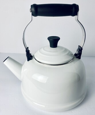 Vintage Le Creuset Whistling Tea Kettle Pot Qt White Enamel Steel No  Plug