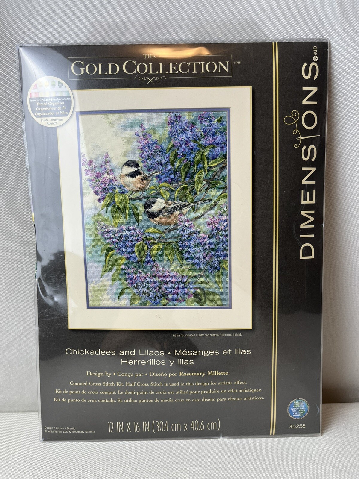 DIMENSIONS GOLD COLLECTION CROSS STITCH KIT CHICKADEES AND LILACS 35258 SEALED