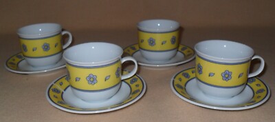 Kaffeeservice 4 Tassen und 4 Untertassen. Gelb weiß und blau. Blumen. keramik