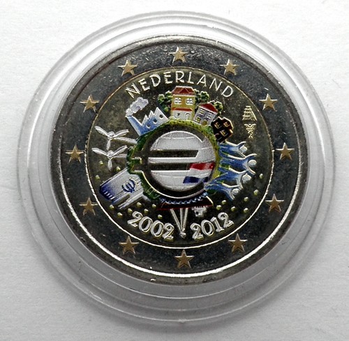 NETHERLANDS 2 EURO 2002-2012 Colored, 10 Years of Euro in Capsule, Rare. BB3 - 第 1/2 張圖片