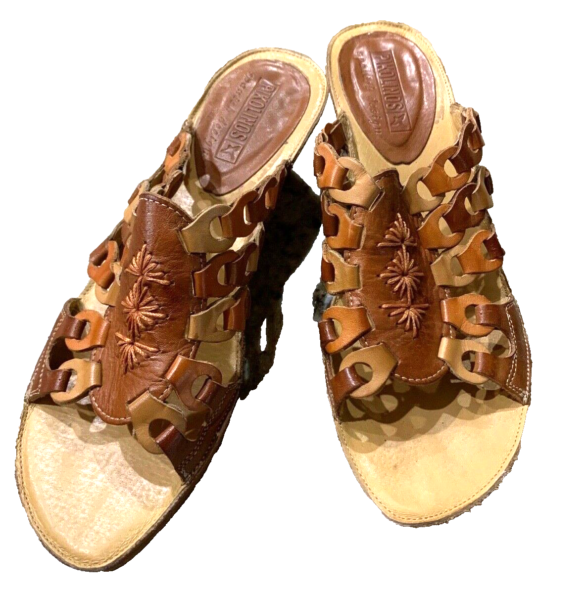 PIKOLINOS SANDALS Brown Leather Comfort Slides, Embroidery  display picture 1