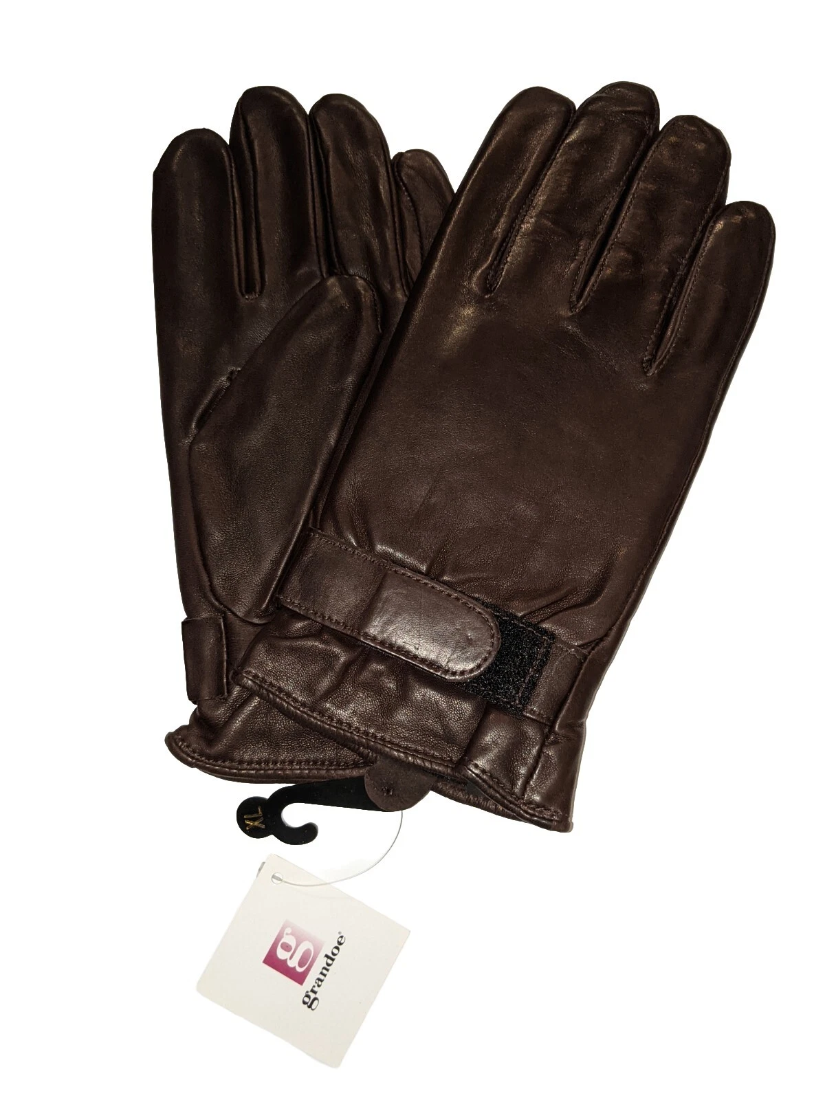 GRANDOE Men's Sheepskin Leather Wriststrap Gloves Brown, XLarge, New.