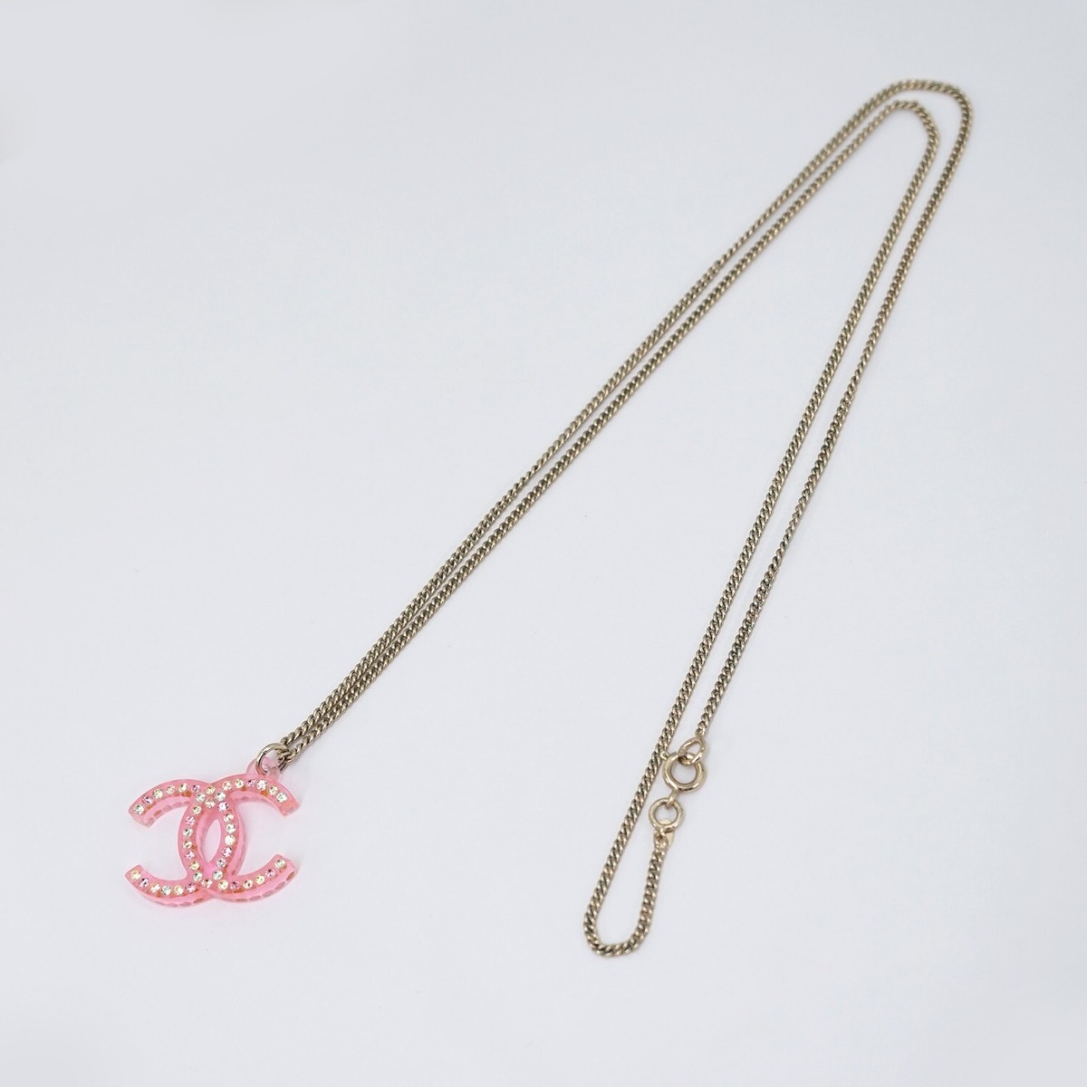 CHANEL CC Logos Rhinestone Pink Lucite Necklace 23