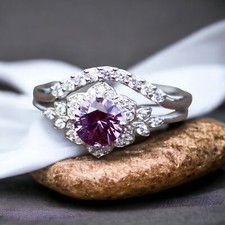 Lab Created Color Change Alexandrite Engagement Ring Set Sterling Silver 925