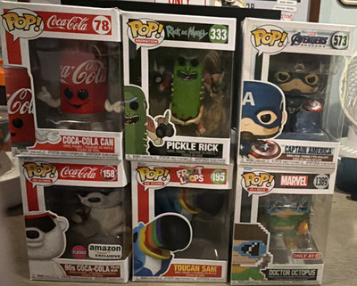 Funko Pop Vinyl 6-Pack Mixed Lot Coca-Cola, Marvel, Pickle Rick, Flocked