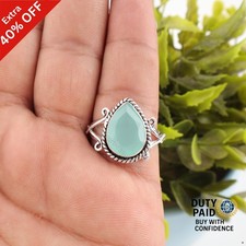 925 Silver Pear Aqua Chalcedony Gemstone Band Statement Daughter Ethnic New Ring