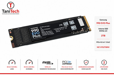 Samsung Interne SSD 990 EVO Plus 2TB, NVMe 2.0 PCIe 4.0 x 4/5.0x2 - MZ-V9S2T0BW