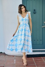 SO ME Shell Smocked Bodice Shoulder Tie Lined Midi Dress - Blue - Small