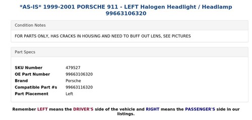*AS-IS* 1999-2001 PORSCHE 911 - LEFT Halogen Headlight / Headlamp 99663106320 - Picture 5 of 6