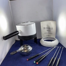 Roshco 2 Quart Porcelain Enamel Fondue Set, 4 Forks, Alcohol Burner, Stand