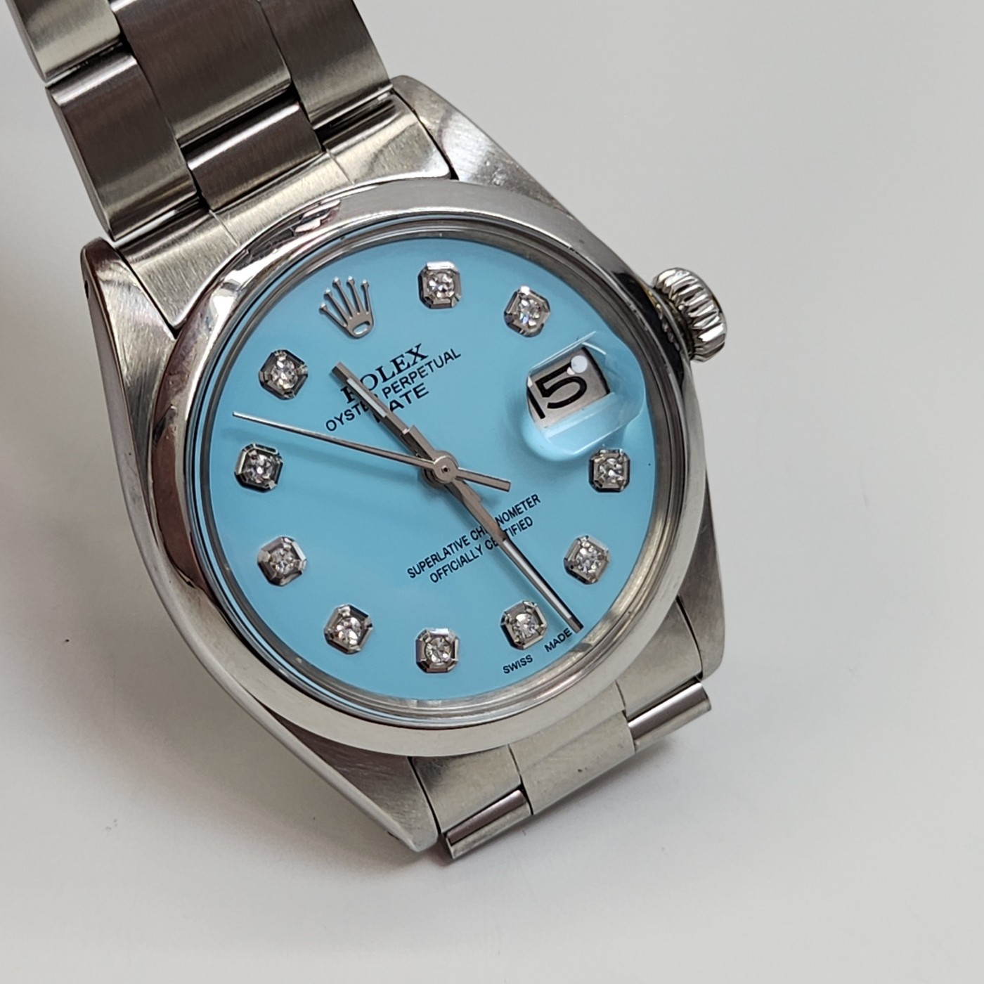 Rolex Date 34mm Blue Turquoise Diamond Dial Steel Oyster Watch 1500 1973 Vintage