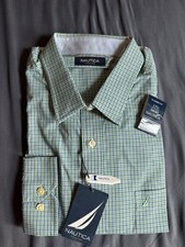 NWT Nautica Men s Classic Fit Dress Shirt 17.5 34/35 Green Blue Check Plaid