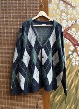 GU Brushed Yarn Argyle Navy/Green Cardigan XL Unisex