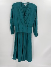 VINTAGE Green 100 Silk Geometric Blouse Skirt Set Y2K Cottagecore 90  s Size 8