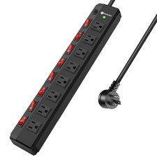 8 Outlet Heavy Duty Power Strip with 8 Individual Switches 1200J 50FT Black