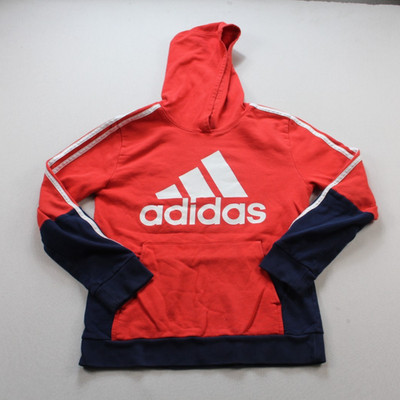 Adidas Hooded Sweater Unisex Kids Large Red Blue Excellent Pullover Logo