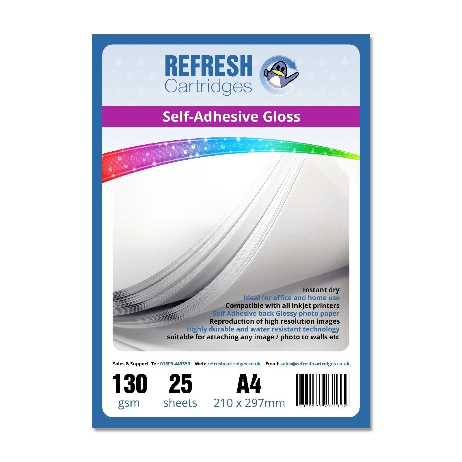 Refresh Cartridges Glossy Coated A4 Self Adhesive Inkjet Photo Paper 130gsm 40 P