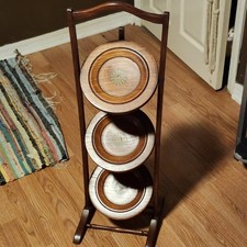 Antique Vintage Edwardian Wooden Inlaid Details Folding Cake Muffin Stand 32"