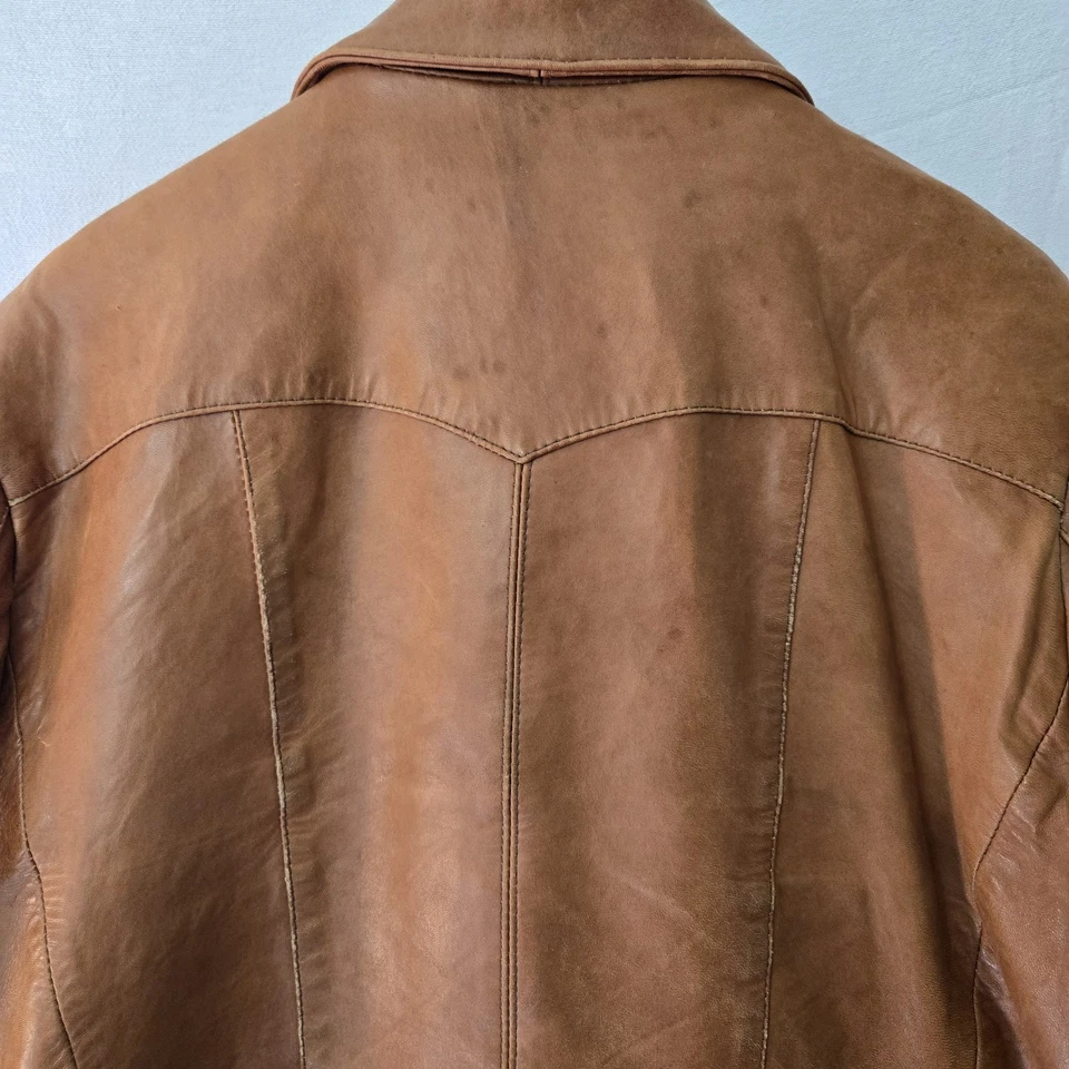 Chaqueta de bombardero de cuero suave mantecoso marrón Remy de colección forro marrón coñac para hombre talla 44” Foto 4 de 4